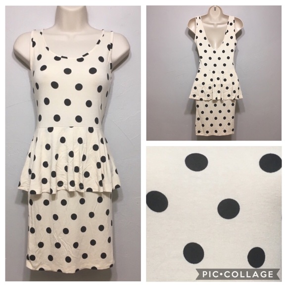 ASOS BLACK CREAM POLKA DOT PEPLUM RETRO MINI DRESS - Picture 1 of 8